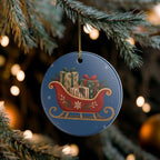 Santa Sleigh and Gifts Ceramic Ornament, Double Sided Round Christmas Decoration, Holiday Keepsake Gift