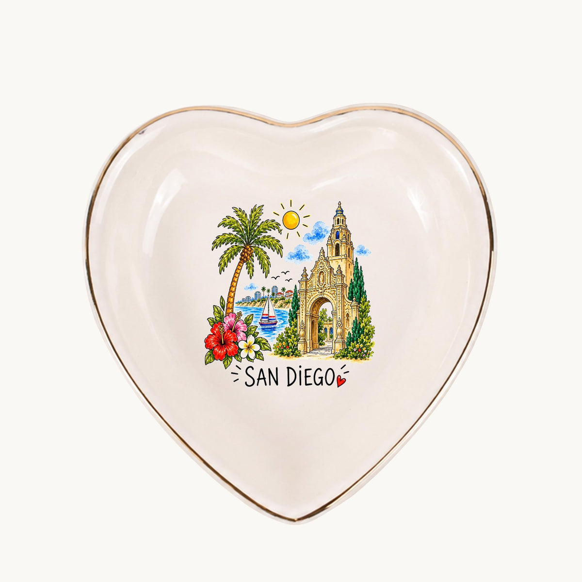 San Diego Ceramic Ring Dish, Gold Rim Trinket Tray, Jewelry Holder Gift, Five Shape Options