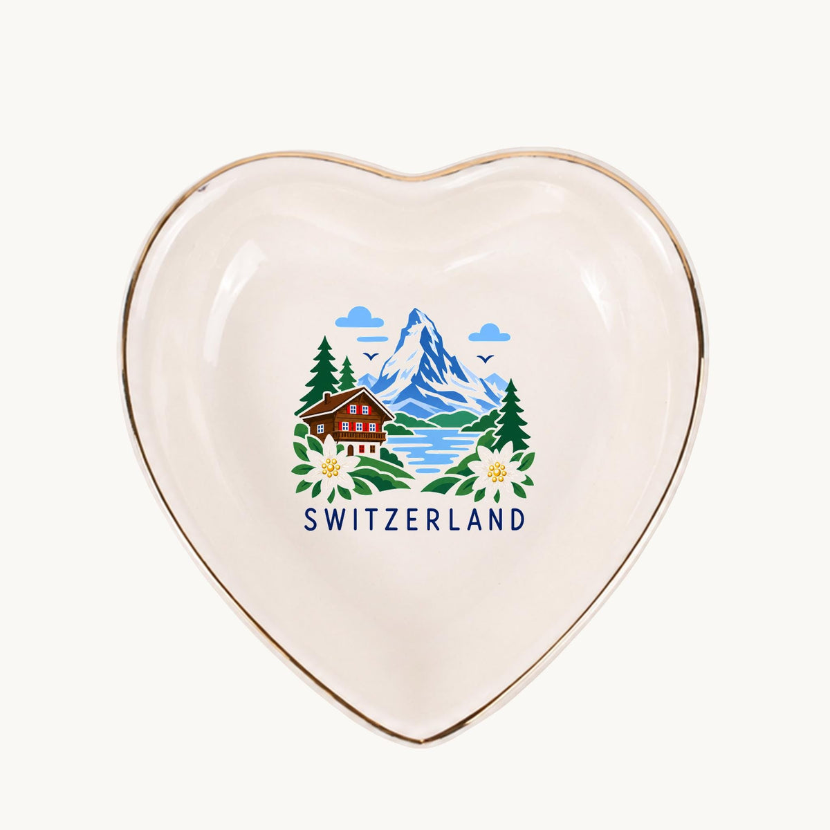 Switzerland Ceramic Ring Dish, Gold Rim Trinket Tray, Jewelry Holder Gift, Five Shape Options