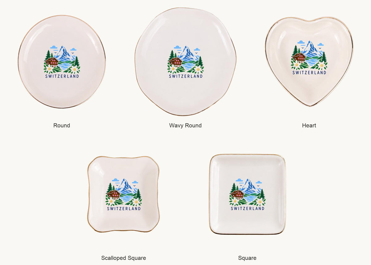 Switzerland Ceramic Ring Dish, Gold Rim Trinket Tray, Jewelry Holder Gift, Five Shape Options