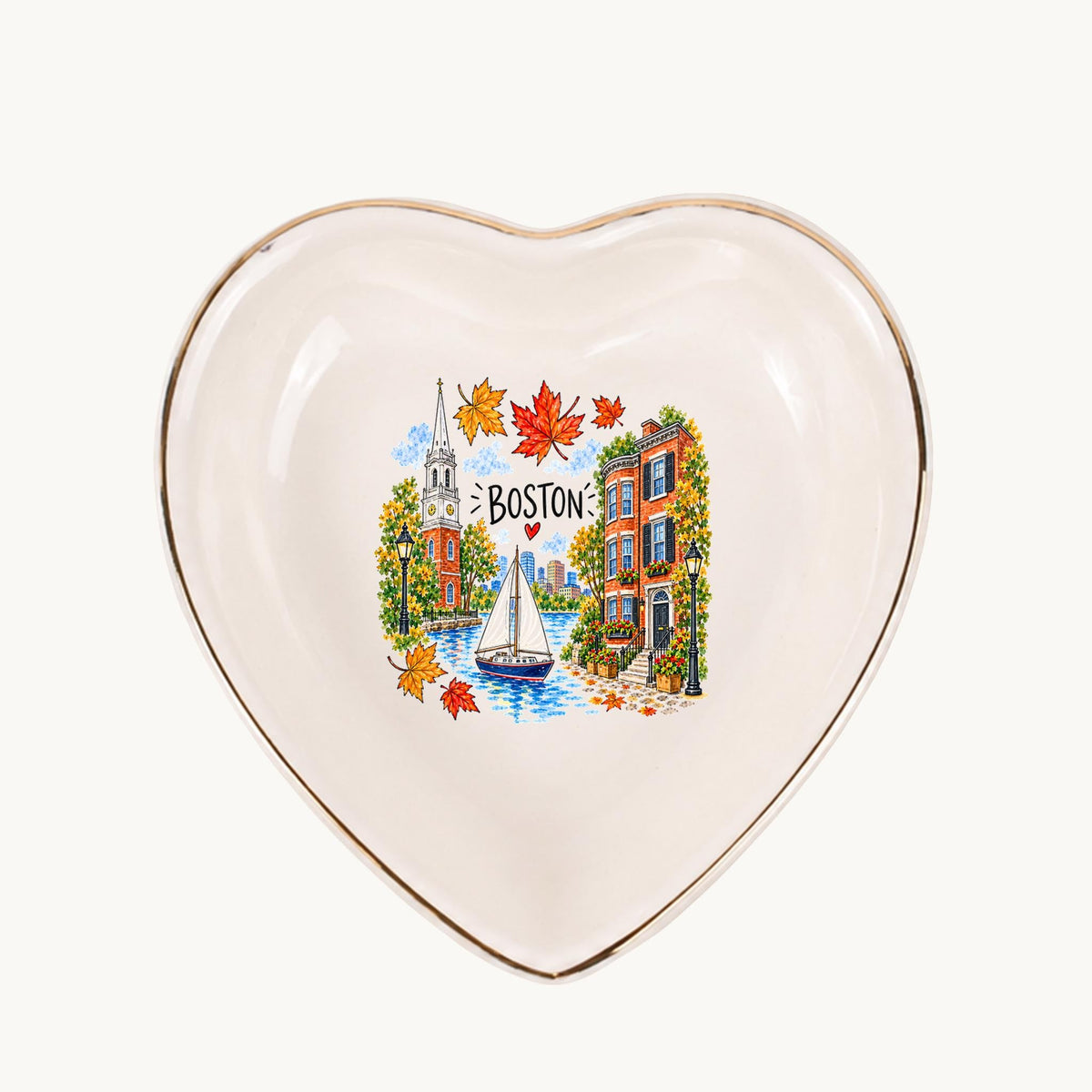 Boston Ceramic Ring Dish, Gold Rim Trinket Tray, Jewelry Holder Gift, Five Shape Options