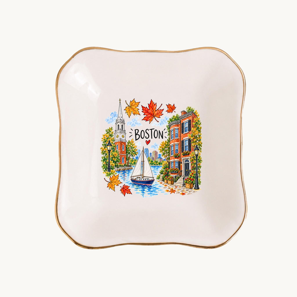 Boston Ceramic Ring Dish, Gold Rim Trinket Tray, Jewelry Holder Gift, Five Shape Options