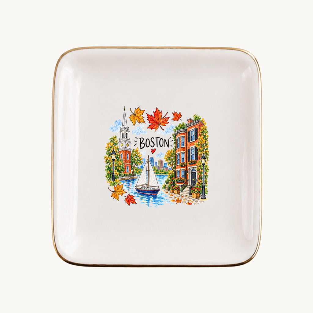 Boston Ceramic Ring Dish, Gold Rim Trinket Tray, Jewelry Holder Gift, Five Shape Options