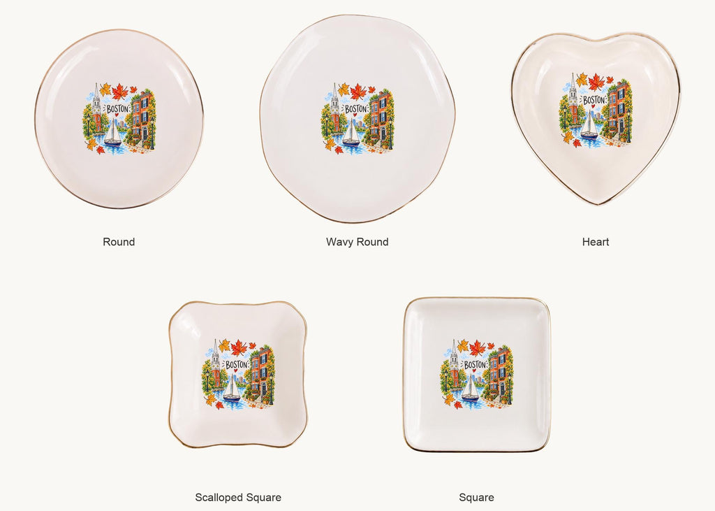 Boston Ceramic Ring Dish, Gold Rim Trinket Tray, Jewelry Holder Gift, Five Shape Options