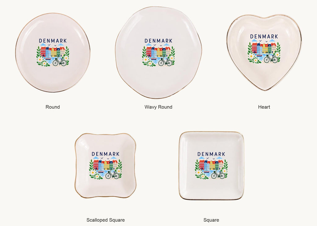 Denmark Ceramic Ring Dish, Gold Rim Trinket Tray, Jewelry Holder Gift, Five Shape Options