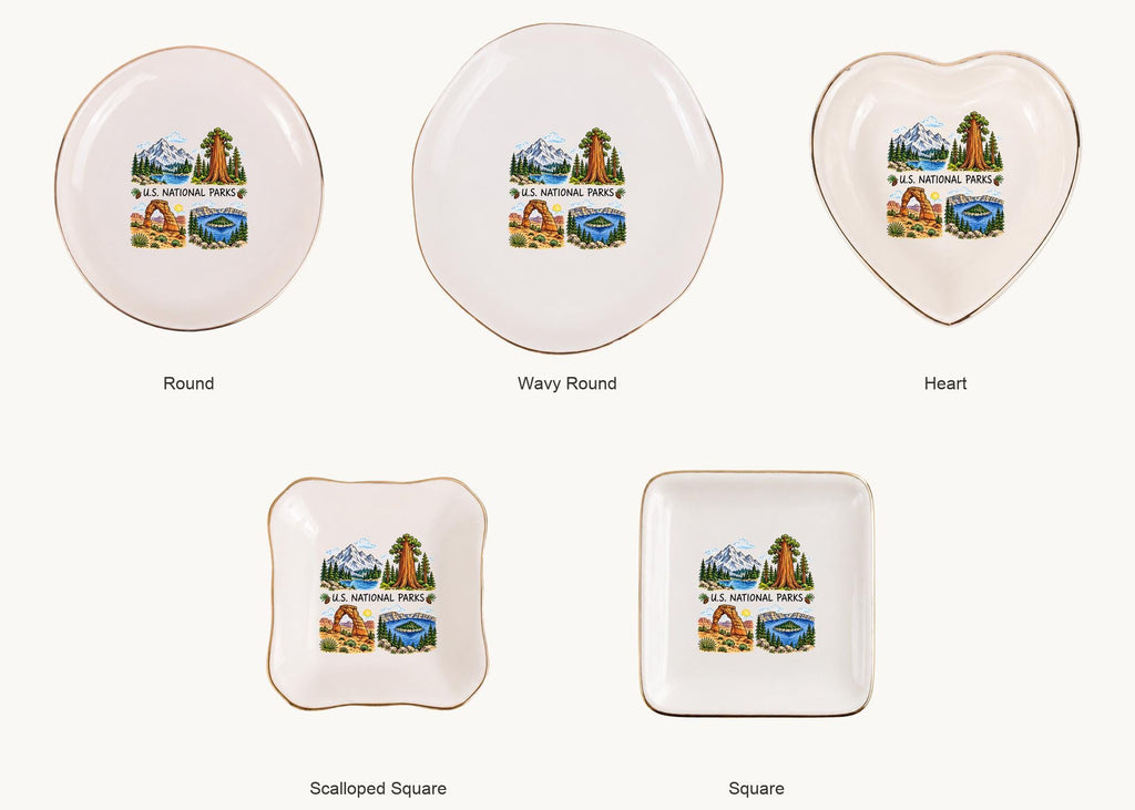 U.S. National Parks Ceramic Ring Dish, Gold Rim Trinket Tray, Jewelry Holder Gift, Five Shape Options