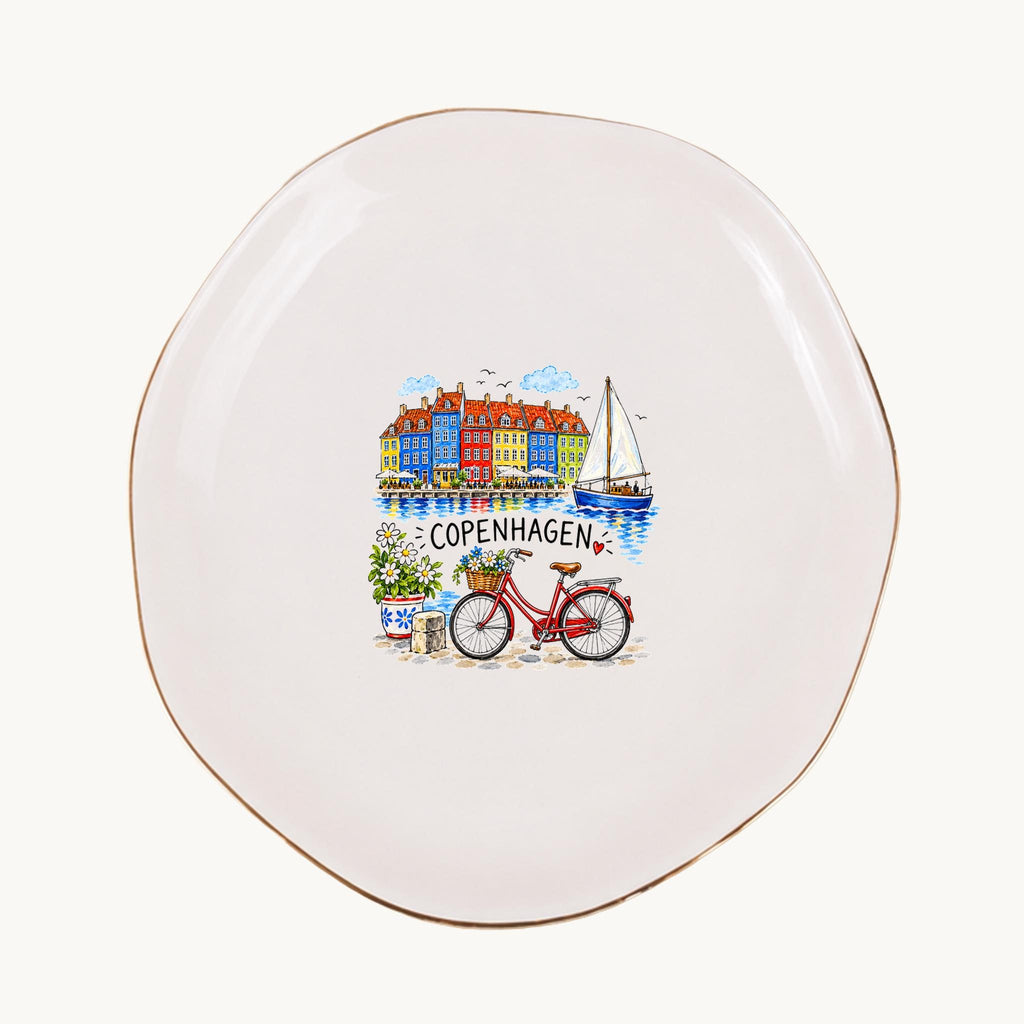 Copenhagen Ceramic Ring Dish, Gold Rim Trinket Tray, Jewelry Holder Gift, Five Shape Options