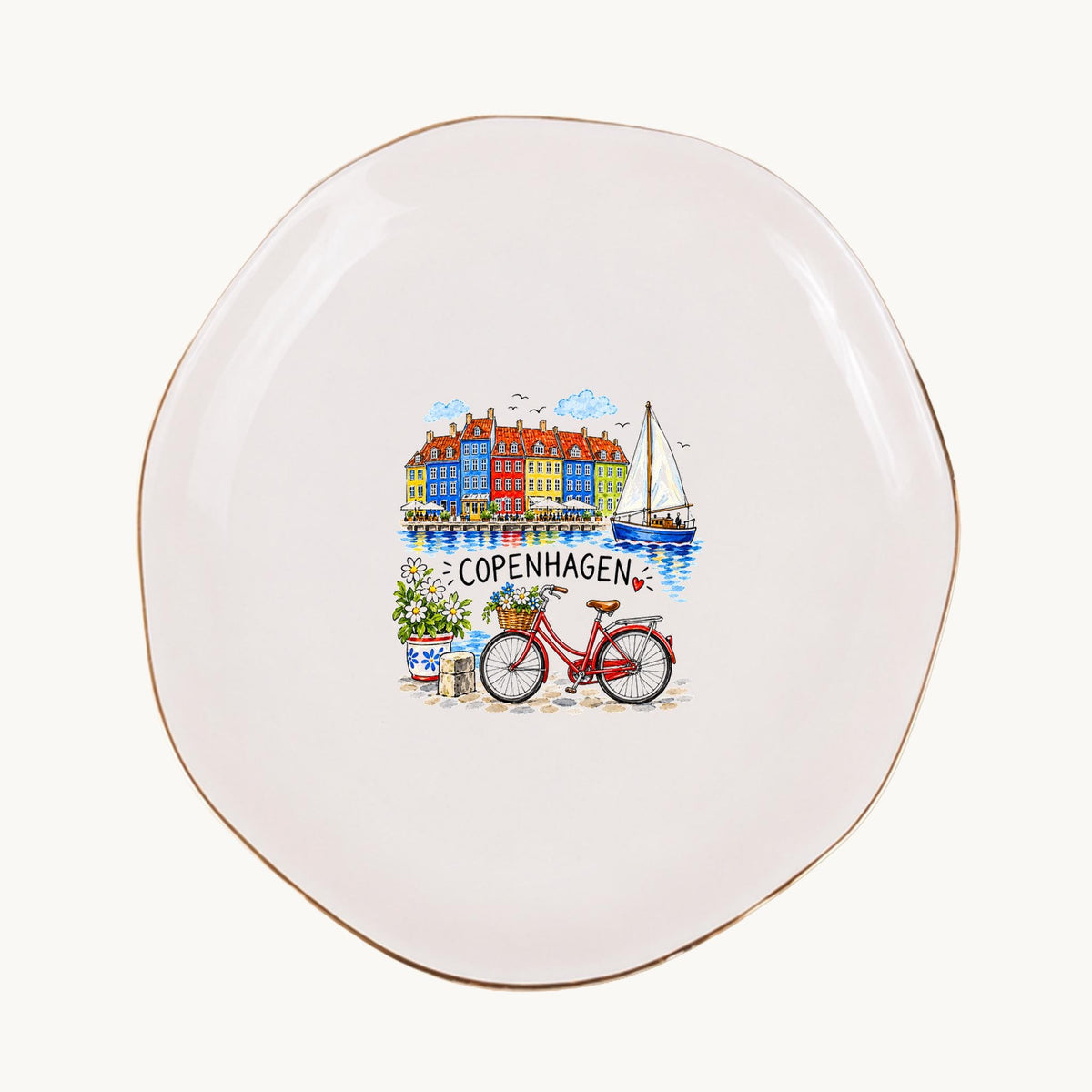 Copenhagen Ceramic Ring Dish, Gold Rim Trinket Tray, Jewelry Holder Gift, Five Shape Options