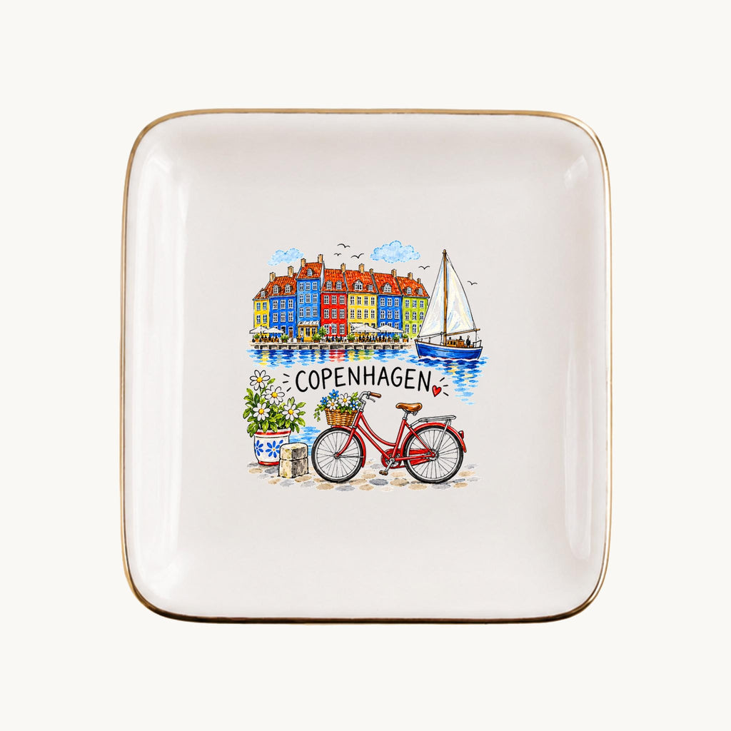 Copenhagen Ceramic Ring Dish, Gold Rim Trinket Tray, Jewelry Holder Gift, Five Shape Options