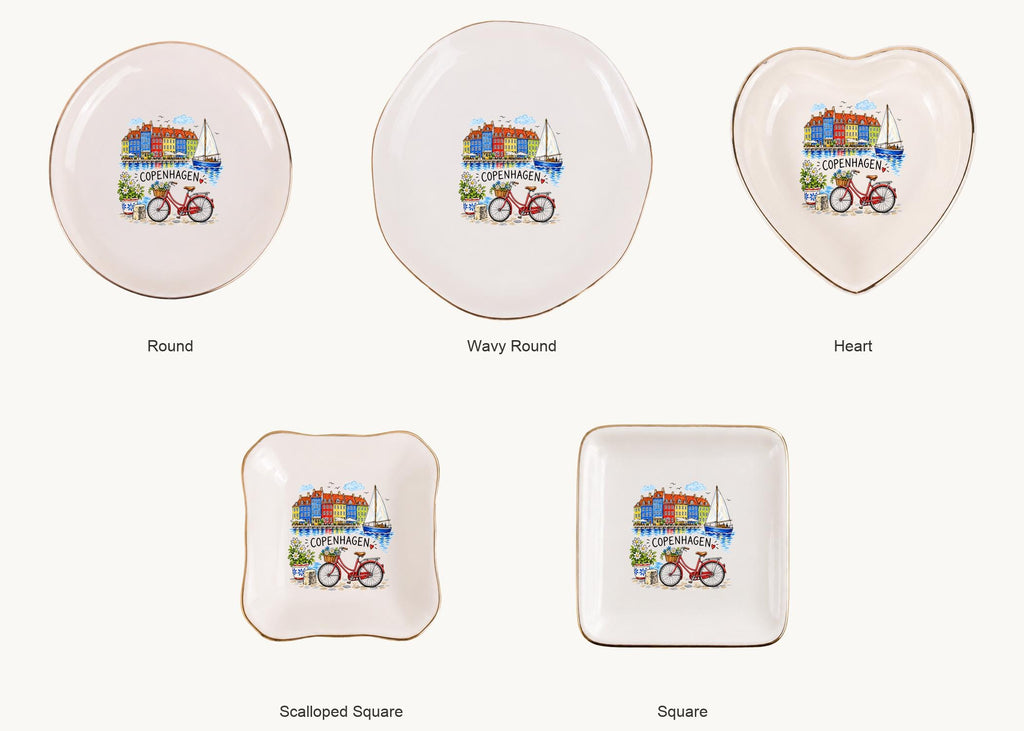 Copenhagen Ceramic Ring Dish, Gold Rim Trinket Tray, Jewelry Holder Gift, Five Shape Options