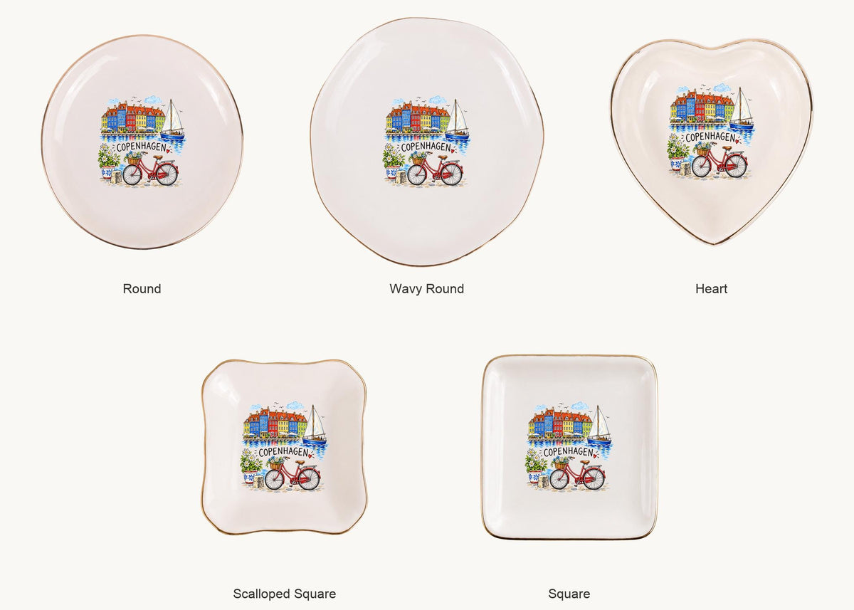 Copenhagen Ceramic Ring Dish, Gold Rim Trinket Tray, Jewelry Holder Gift, Five Shape Options