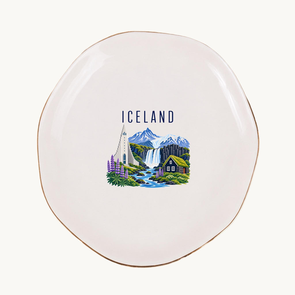 Iceland Ceramic Ring Dish, Gold Rim Trinket Tray, Jewelry Holder Gift, Five Shape Options