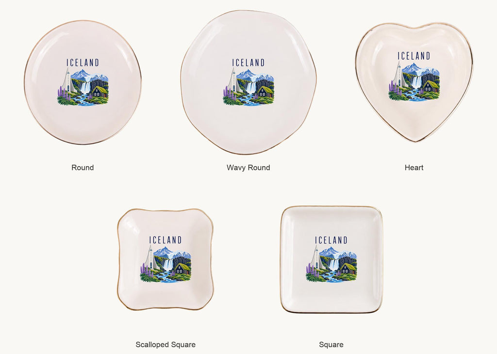 Iceland Ceramic Ring Dish, Gold Rim Trinket Tray, Jewelry Holder Gift, Five Shape Options