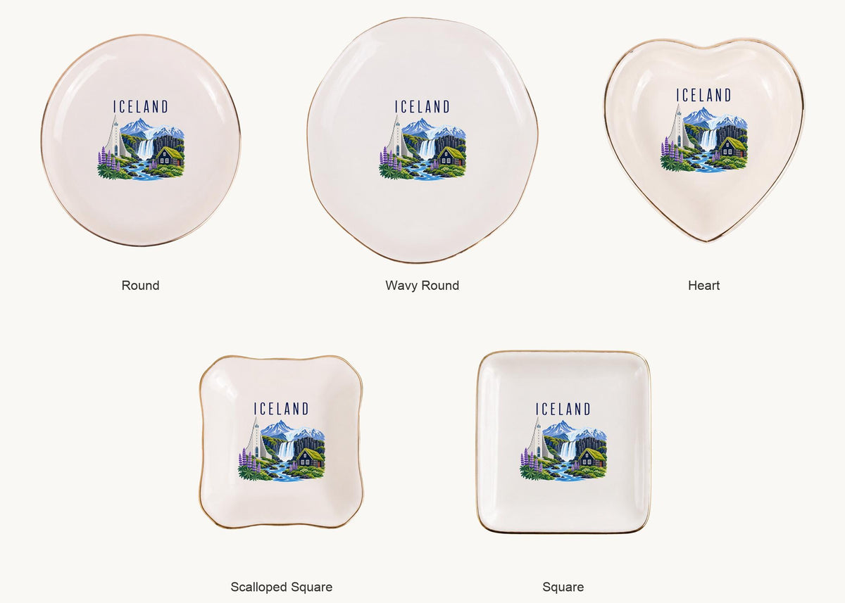 Iceland Ceramic Ring Dish, Gold Rim Trinket Tray, Jewelry Holder Gift, Five Shape Options