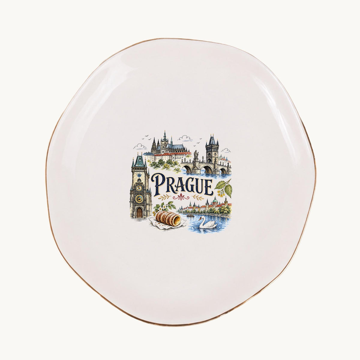 Prague Ceramic Ring Dish, Gold Rim Trinket Tray, Jewelry Holder Gift, Five Shape Options
