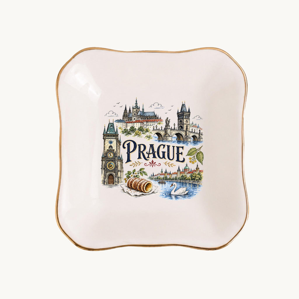 Prague Ceramic Ring Dish, Gold Rim Trinket Tray, Jewelry Holder Gift, Five Shape Options