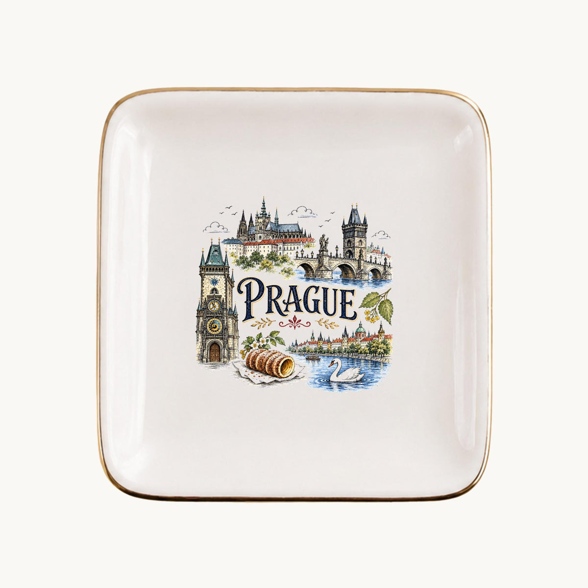 Prague Ceramic Ring Dish, Gold Rim Trinket Tray, Jewelry Holder Gift, Five Shape Options