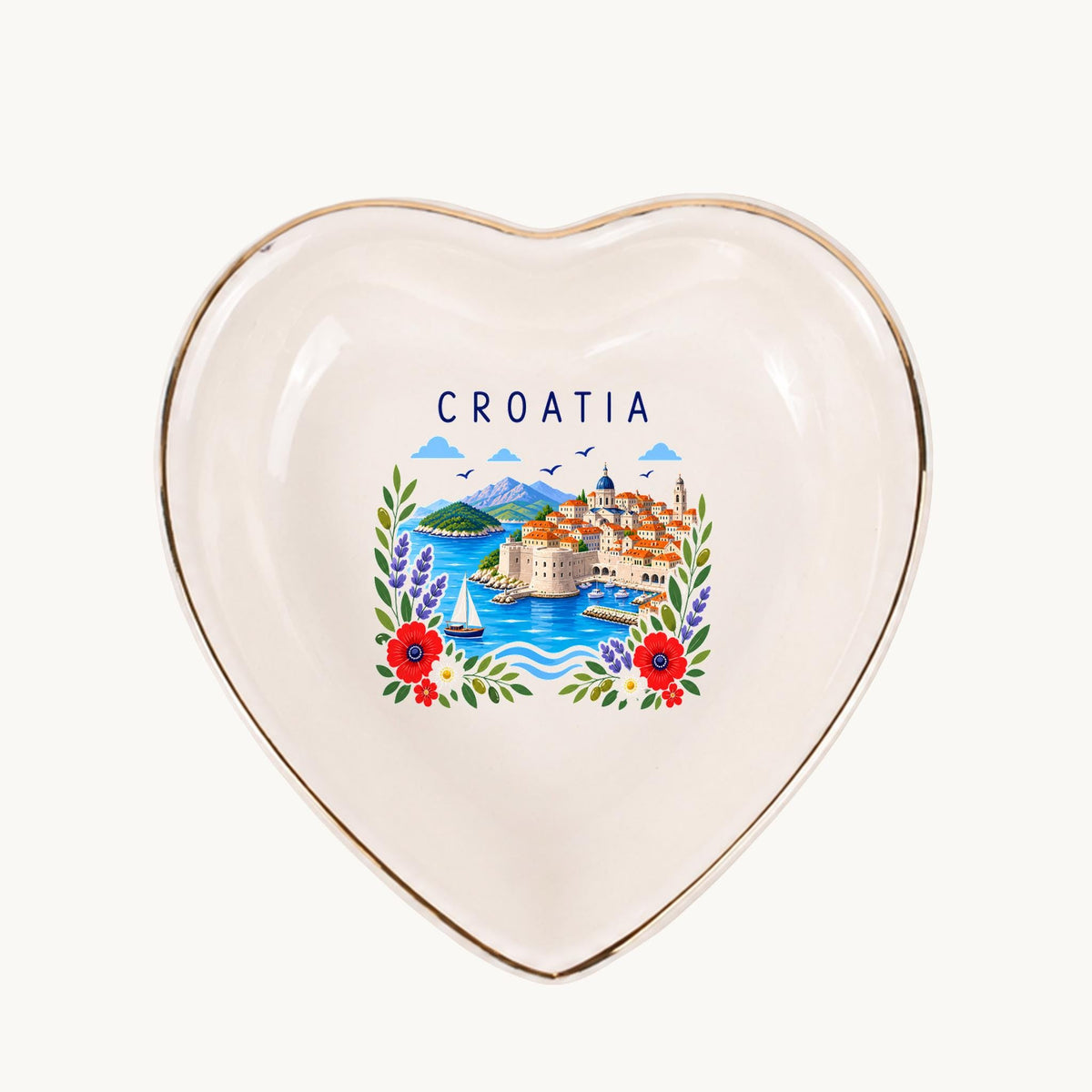 Croatia Ceramic Ring Dish, Gold Rim Trinket Tray, Jewelry Holder Gift, Five Shape Options