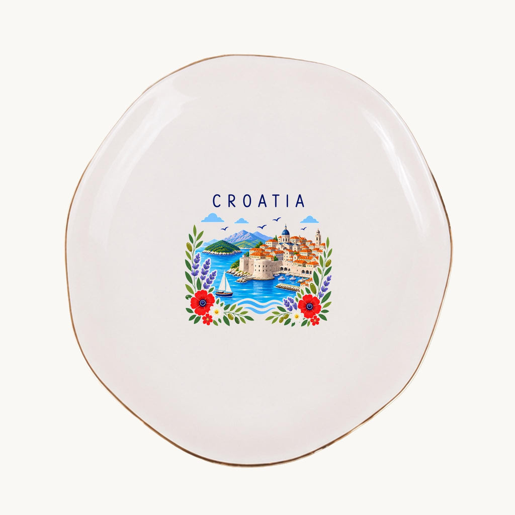 Croatia Ceramic Ring Dish, Gold Rim Trinket Tray, Jewelry Holder Gift, Five Shape Options
