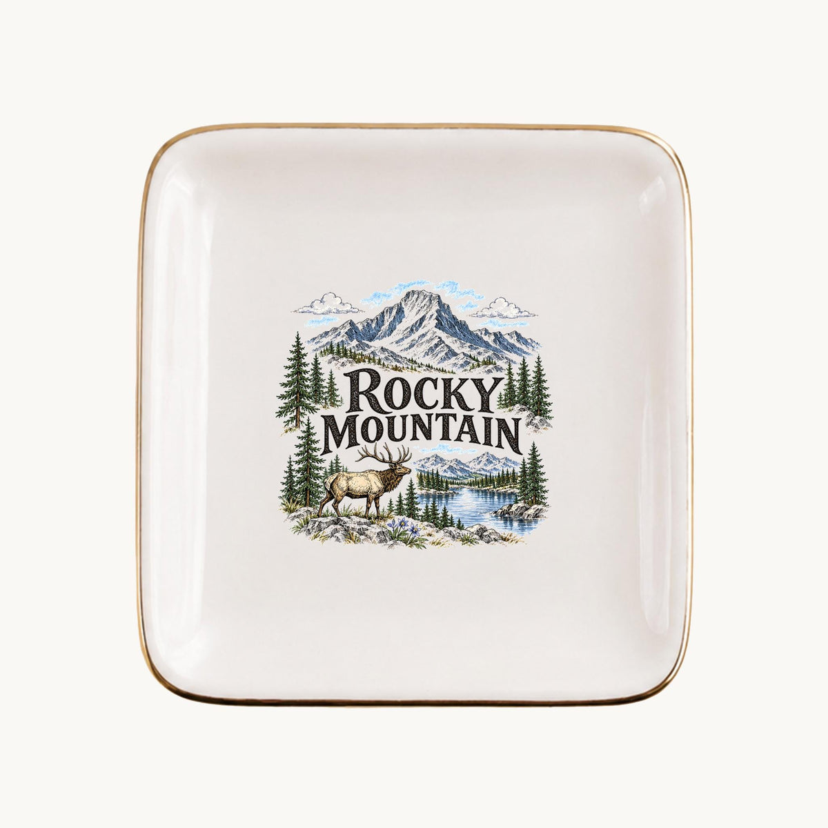 Rocky Mountain Ceramic Ring Dish, Gold Rim Trinket Tray, Jewelry Holder Gift, Five Shape Options