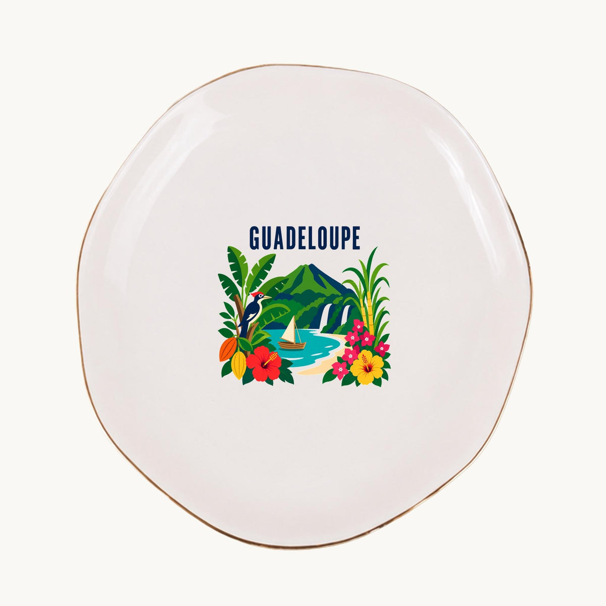 Guadeloupe Ceramic Ring Dish, Gold Rim Trinket Tray, Jewelry Holder Gift, Five Shape Options