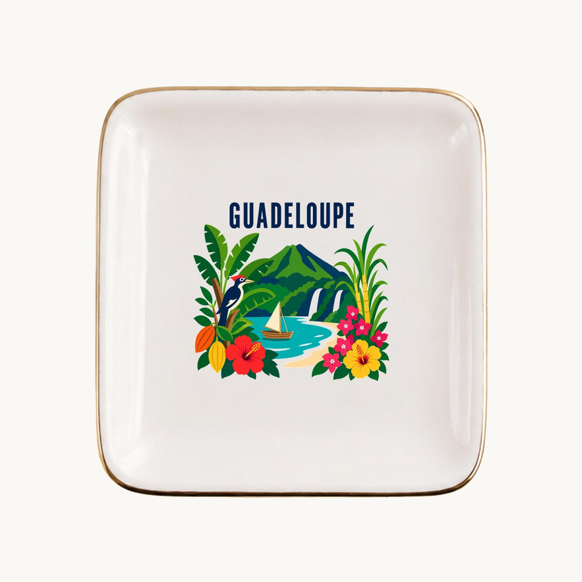 Guadeloupe Ceramic Ring Dish, Gold Rim Trinket Tray, Jewelry Holder Gift, Five Shape Options