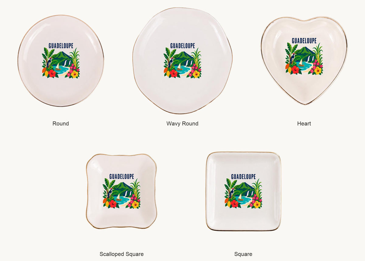Guadeloupe Ceramic Ring Dish, Gold Rim Trinket Tray, Jewelry Holder Gift, Five Shape Options