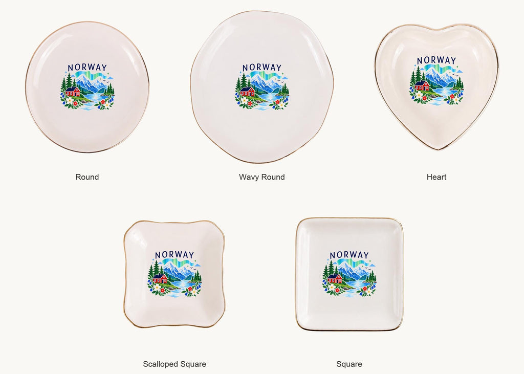 Norway Ceramic Ring Dish, Gold Rim Trinket Tray, Jewelry Holder Gift, Five Shape Options