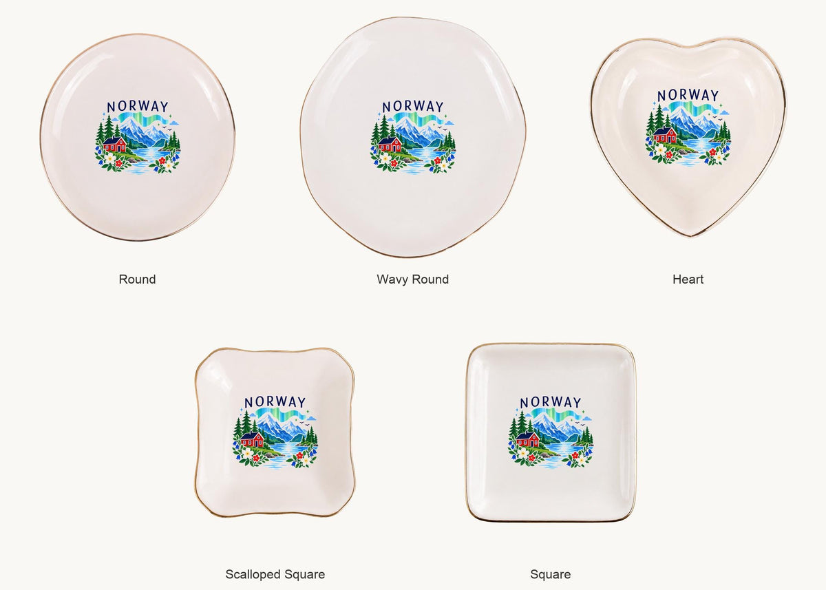 Norway Ceramic Ring Dish, Gold Rim Trinket Tray, Jewelry Holder Gift, Five Shape Options