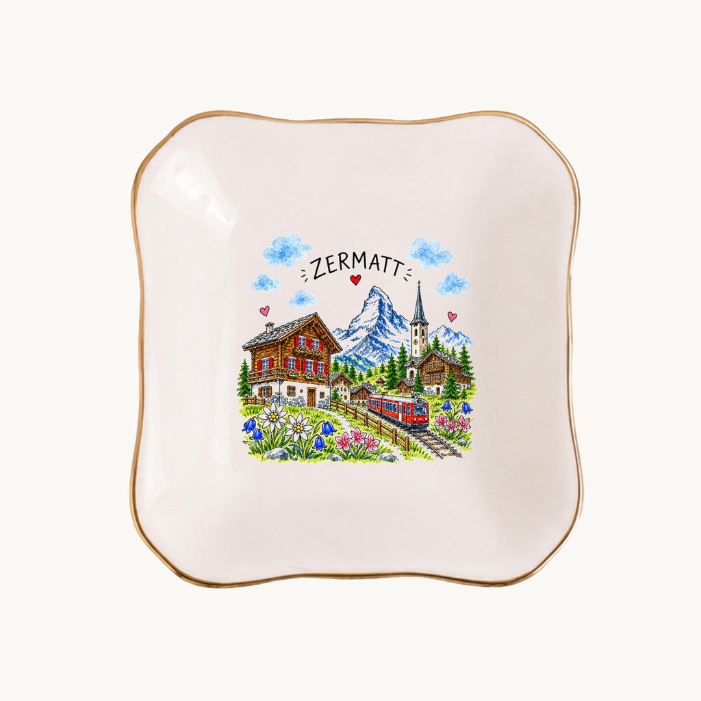 Zermatt Ceramic Ring Dish, Gold Rim Trinket Tray, Jewelry Holder Gift, Five Shape Options