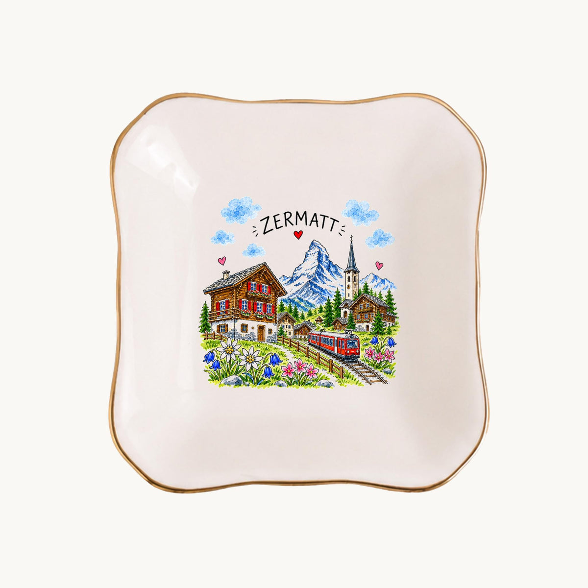 Zermatt Ceramic Ring Dish, Gold Rim Trinket Tray, Jewelry Holder Gift, Five Shape Options