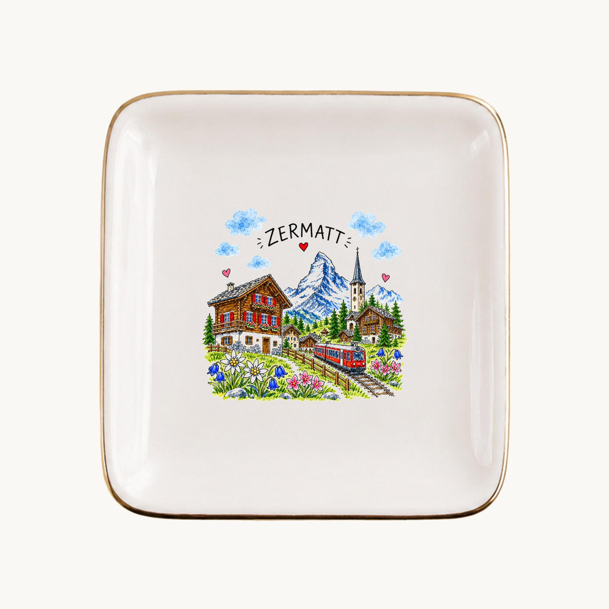 Zermatt Ceramic Ring Dish, Gold Rim Trinket Tray, Jewelry Holder Gift, Five Shape Options