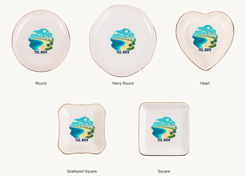 Tel Aviv Ceramic Ring Dish, Gold Rim Trinket Tray, Jewelry Holder Gift, Five Shape Options