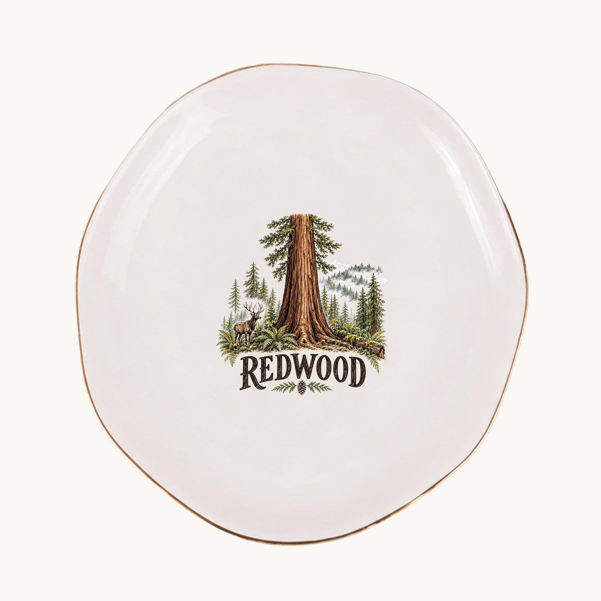 Redwood Ceramic Ring Dish, Gold Rim Trinket Tray, Jewelry Holder Gift, Five Shape Options