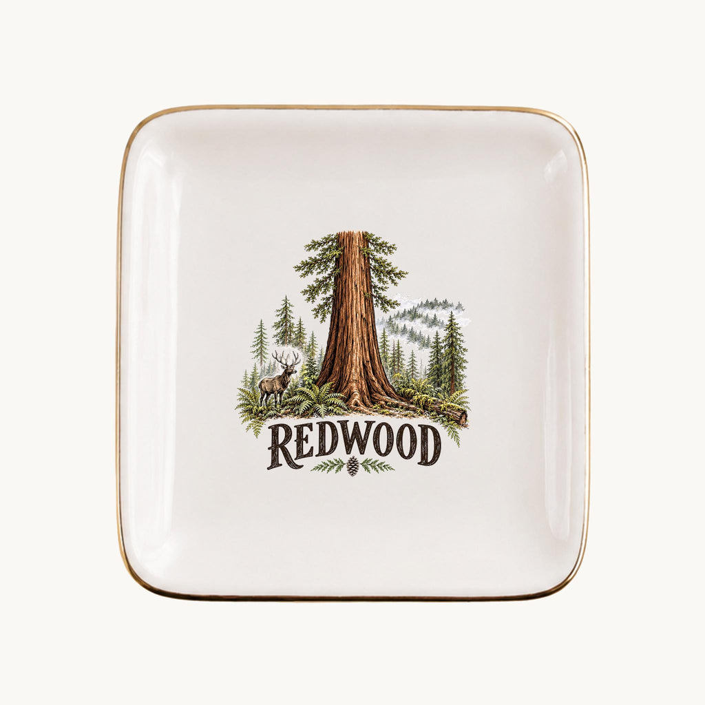 Redwood Ceramic Ring Dish, Gold Rim Trinket Tray, Jewelry Holder Gift, Five Shape Options