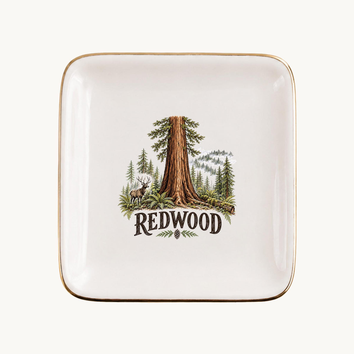 Redwood Ceramic Ring Dish, Gold Rim Trinket Tray, Jewelry Holder Gift, Five Shape Options