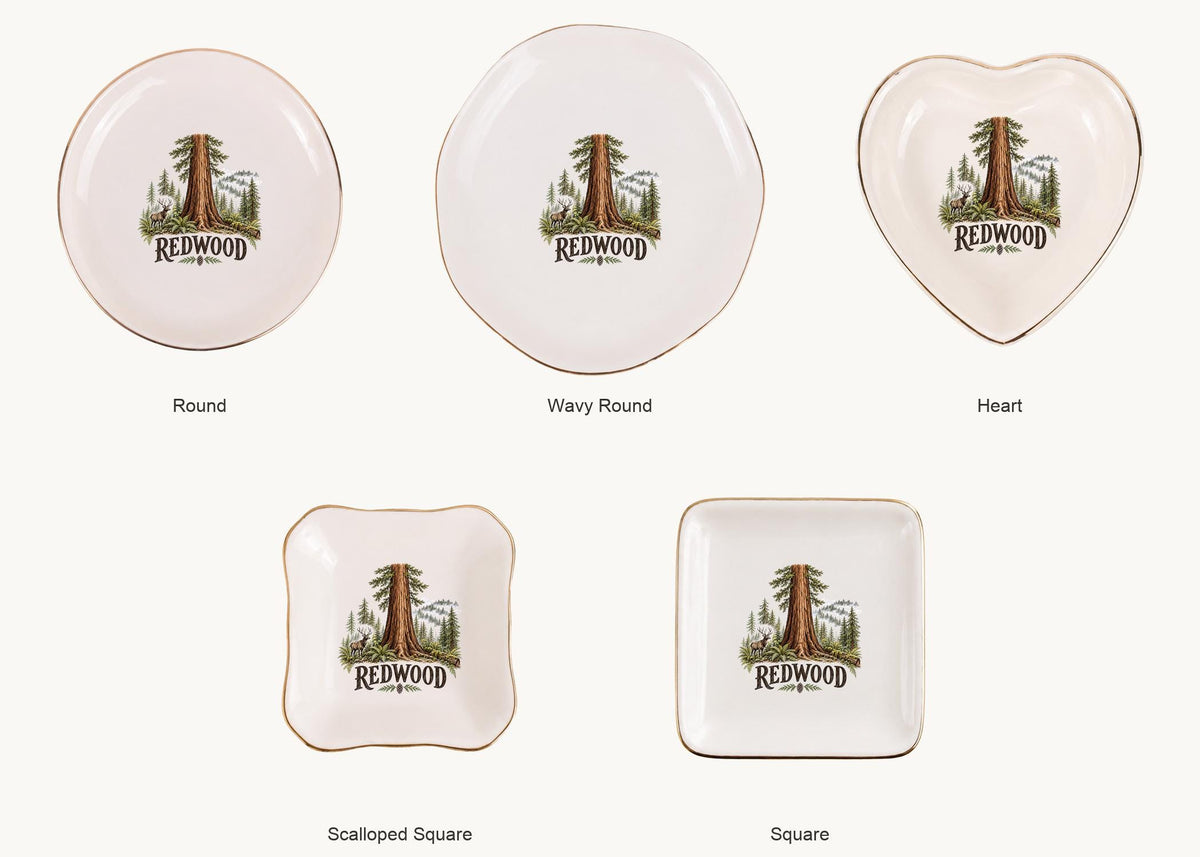 Redwood Ceramic Ring Dish, Gold Rim Trinket Tray, Jewelry Holder Gift, Five Shape Options