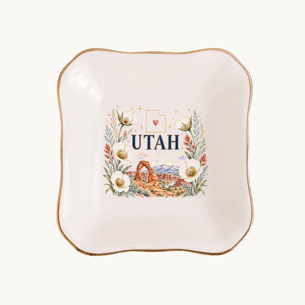 Utah Ceramic Ring Dish, Gold Rim Trinket Tray, Jewelry Holder Gift, Five Shape Options