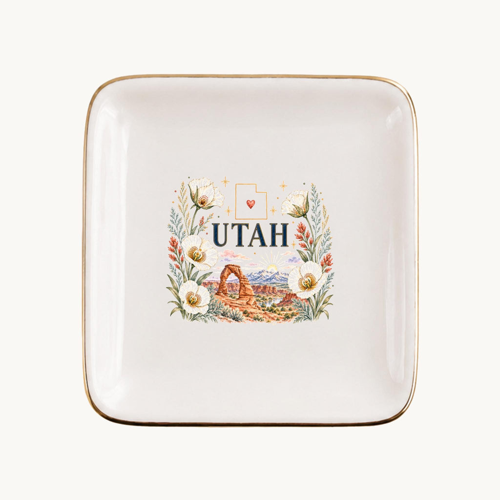 Utah Ceramic Ring Dish, Gold Rim Trinket Tray, Jewelry Holder Gift, Five Shape Options