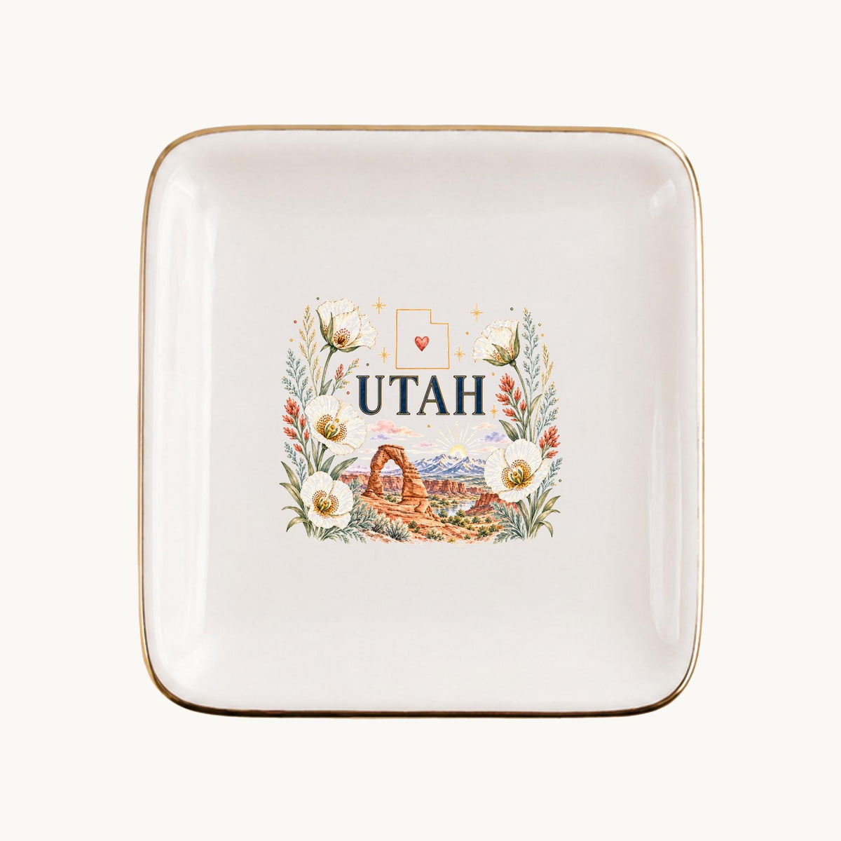 Utah Ceramic Ring Dish, Gold Rim Trinket Tray, Jewelry Holder Gift, Five Shape Options