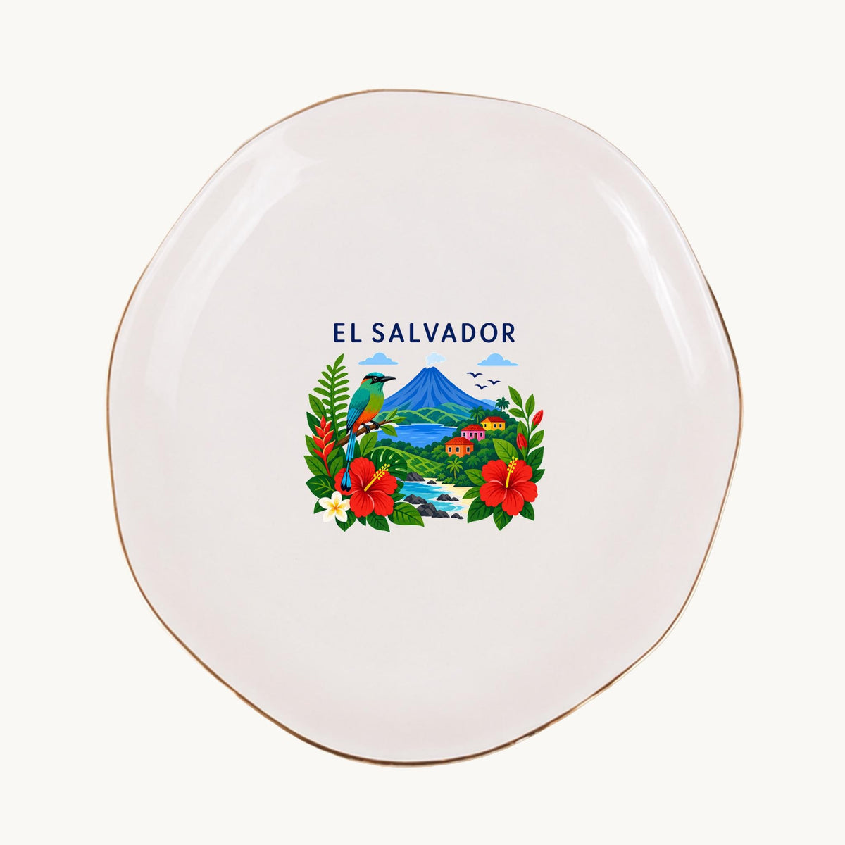 El Salvador Ceramic Ring Dish, Gold Rim Trinket Tray, Jewelry Holder Gift, Five Shape Options