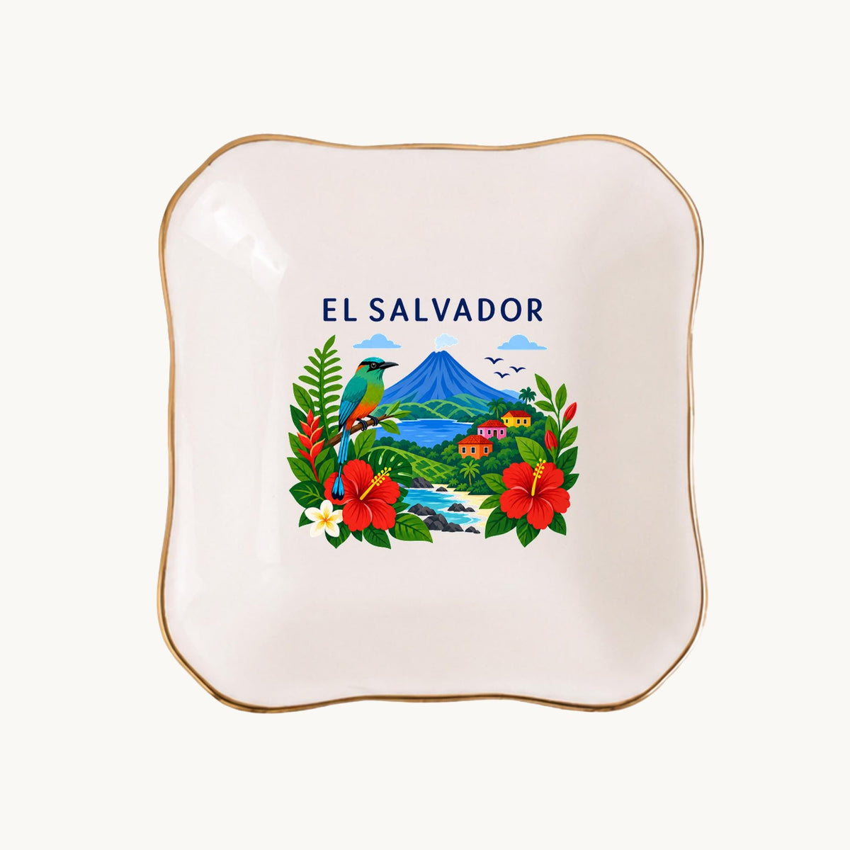 El Salvador Ceramic Ring Dish, Gold Rim Trinket Tray, Jewelry Holder Gift, Five Shape Options