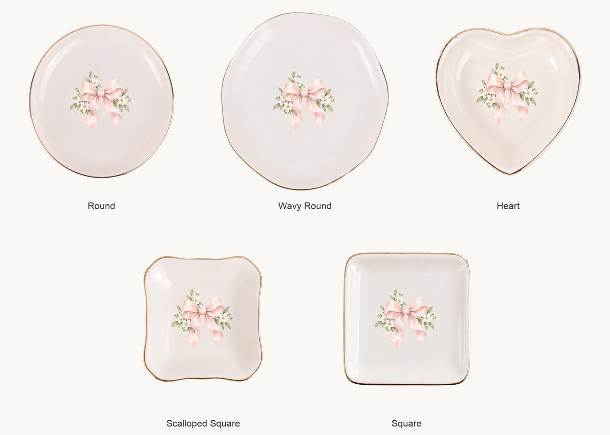 Blush Bridal Bow Ceramic Ring Dish, Gold Rim Trinket Tray, Jewelry Holder Gift, Five Shape Options