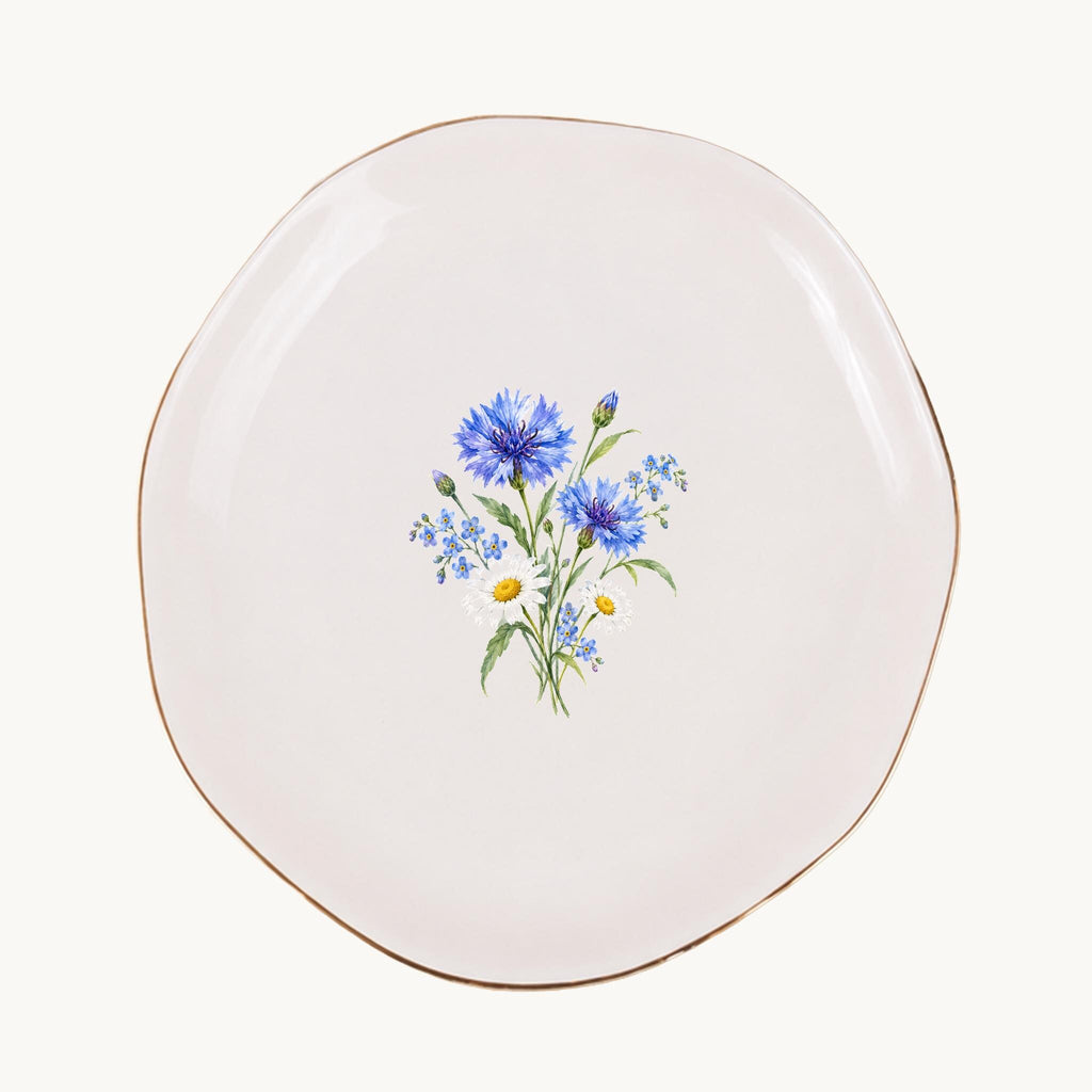 Blue Wildflower Ceramic Ring Dish, Gold Rim Trinket Tray, Jewelry Holder Gift, Five Shape Options