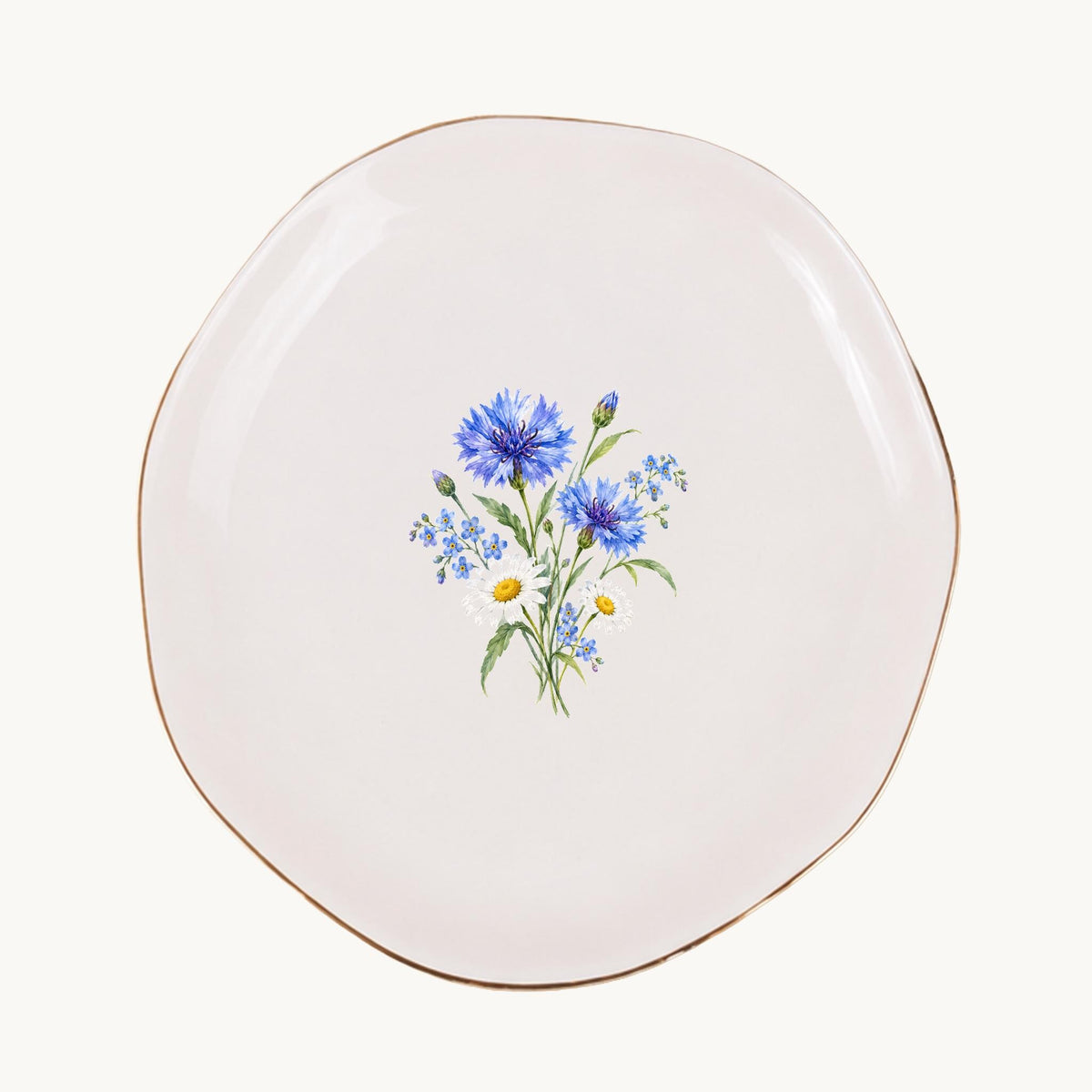 Blue Wildflower Ceramic Ring Dish, Gold Rim Trinket Tray, Jewelry Holder Gift, Five Shape Options