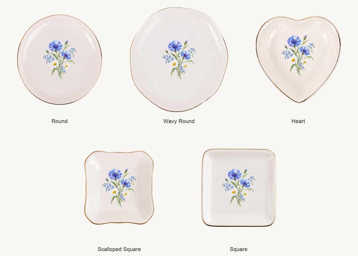 Blue Wildflower Ceramic Ring Dish, Gold Rim Trinket Tray, Jewelry Holder Gift, Five Shape Options