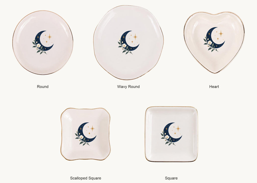 Celestial Moon Ceramic Ring Dish, Gold Rim Trinket Tray, Jewelry Holder Gift, Five Shape Options