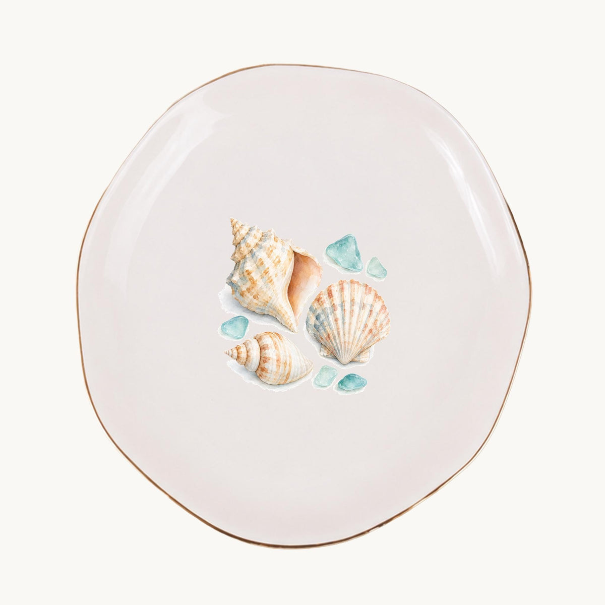 Coastal Shells Ceramic Ring Dish, Gold Rim Trinket Tray, Jewelry Holder Gift, Five Shape Options
