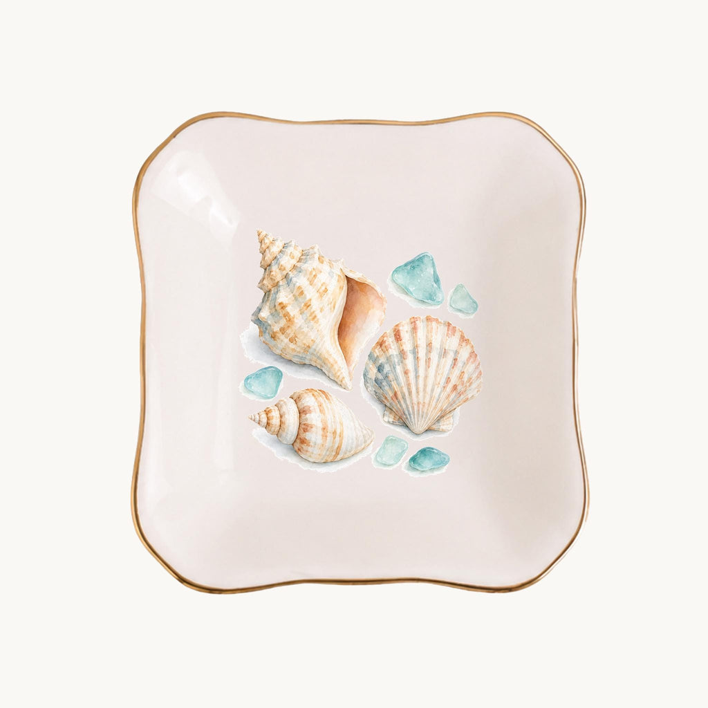 Coastal Shells Ceramic Ring Dish, Gold Rim Trinket Tray, Jewelry Holder Gift, Five Shape Options