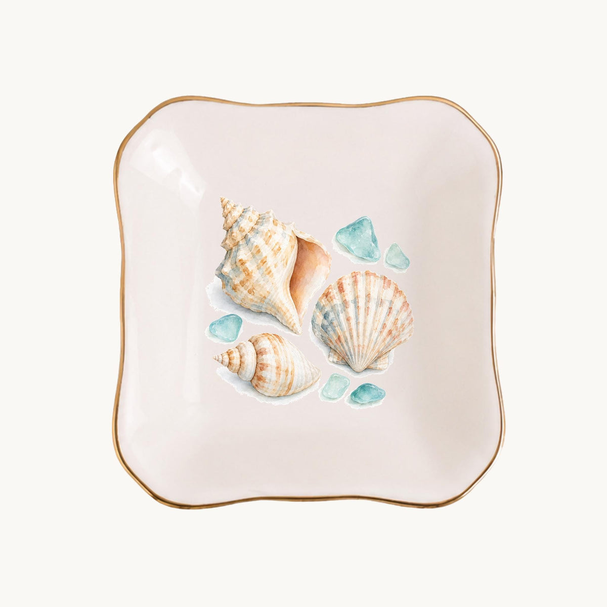 Coastal Shells Ceramic Ring Dish, Gold Rim Trinket Tray, Jewelry Holder Gift, Five Shape Options